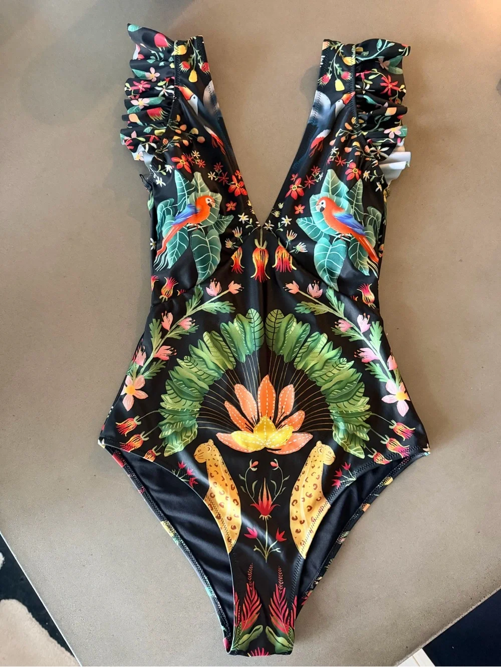 Black Tropical One-Piece Swimsuit Size Small - Picture 1 of 2